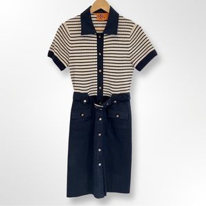 Tory Burch Navy/Cream Short Sleeve Belted Silk/ Cashmere Dress US8 ($498)